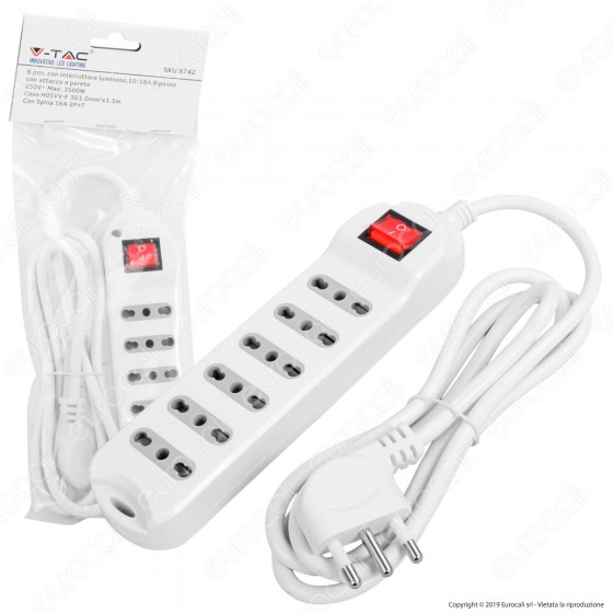 V-Tac Multipresa 6 Posti Colore Bianco con Interruttore Luminoso - SKU 8742 V-Tac Multipresa 6 Posti Colore Bianco con Interruttore Luminoso - SKU 8742
