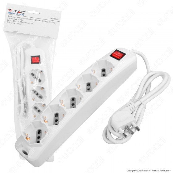 V-Tac Multipresa 5 Posti Colore Bianco con Interruttore Luminoso - SKU 8712 V-Tac Multipresa 5 Posti Colore Bianco con Interruttore Luminoso - SKU 8712