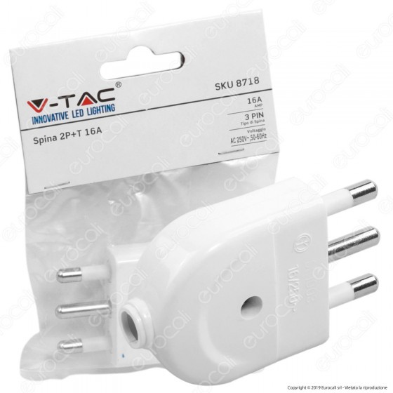 V-Tac Spina Singola 16A con Uscita Cavo Dritta Colore Bianco - SKU 8718 V-Tac Spina Singola 16A con Uscita Cavo Dritta Colore Bianco - SKU 8718