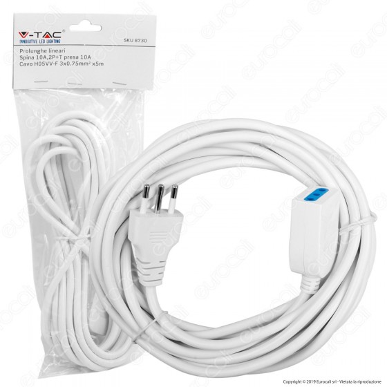 V-Tac Cavo Prolunga Spina e Presa Italiane 5 metri 10A Colore Bianco - SKU 8730 V-Tac Cavo Prolunga Spina e Presa Italiane 5 metri 10A Colore Bianco - SKU 8730