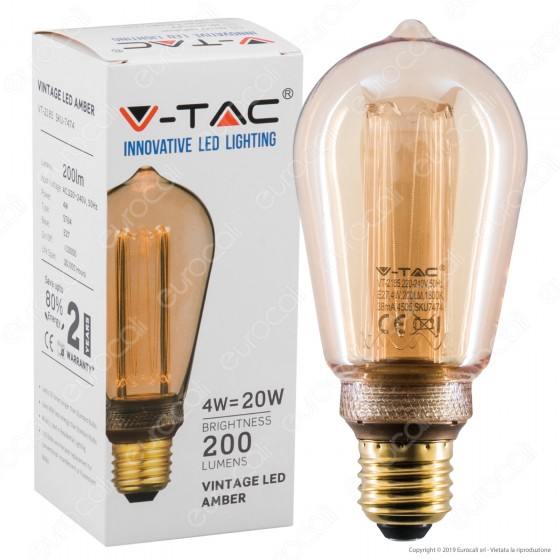 V-Tac VT-2185 Lampadina LED E27 4W Bulb ST64 Ambrata con Incisioni Laser - SKU 7474
