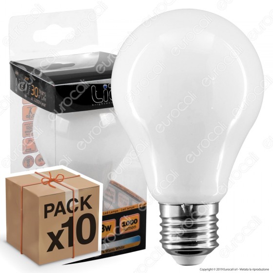 10 Lampadine LED Intereurope Light E27 8W Bulb A60 Milky Filamento - Pack Risparmio