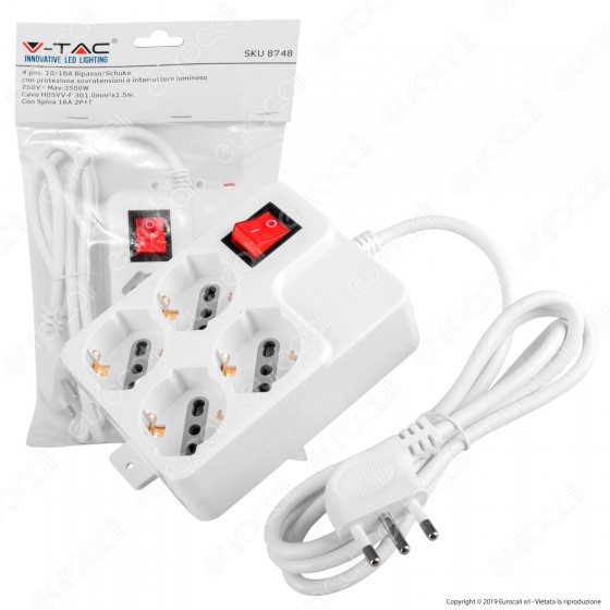 V-Tac Multipresa 4 Posti Colore Bianco con Interruttore Luminoso e Protezione Ripristinabile - SKU 8748 V-Tac Multipresa 4 Posti Colore Bianco con Interruttore Luminoso e Protezione Ripristinabile - SKU 8748