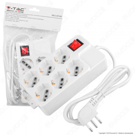 V-Tac Multipresa 6 Posti Colore Bianco con Interruttore Luminoso e Protezione Ripristinabile - SKU 8749 V-Tac Multipresa 6 Posti Colore Bianco con Interruttore Luminoso e Protezione Ripristinabile - SKU 8749