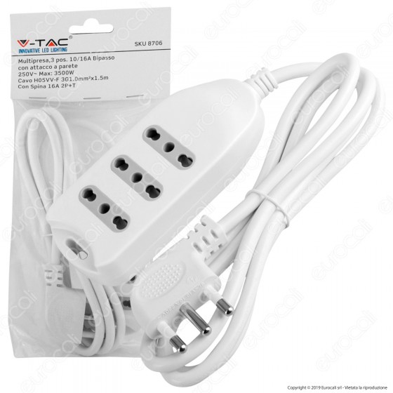 V-Tac Multipresa 3 Posti Colore Bianco con Attacco a Parete - SKU 8706 V-Tac Multipresa 3 Posti Colore Bianco con Attacco a Parete - SKU 8706