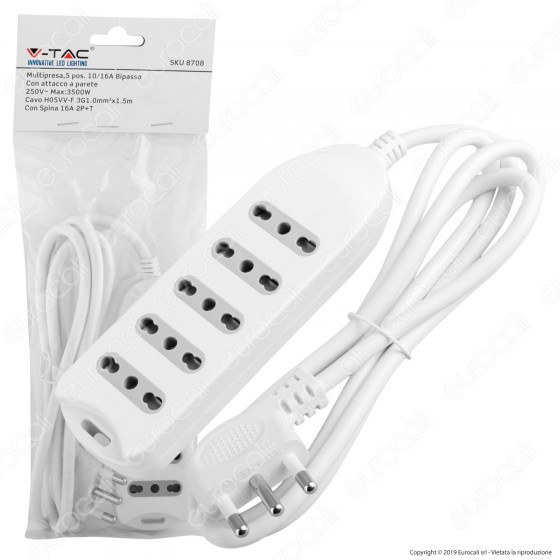 V-Tac Multipresa 5 Posti Colore Bianco con Attacco a Parete - SKU 8708 V-Tac Multipresa 5 Posti Colore Bianco con Attacco a Parete - SKU 8708