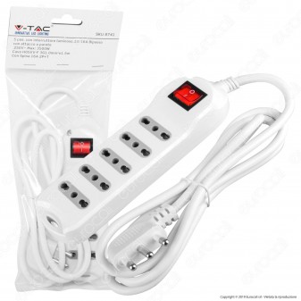 V-Tac Multipresa 5 Posti Colore Bianco con Interruttore Luminoso - SKU 8741