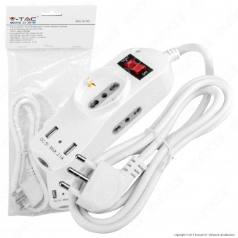 V-Tac Multipresa 3 Posti e 2 Prese USB Colore Bianco con Interruttore Luminoso - SKU 8745