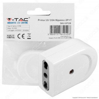 V-Tac Presa Singola 10/16A con Uscita Cavo Dritta Colore Bianco - SKU 8728