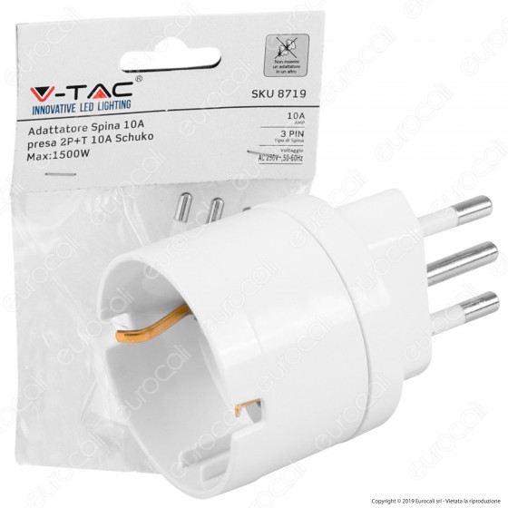 V-Tac Adattatore Singolo Schuko con Spina 10A Colore Bianco - SKU 8719 V-Tac Adattatore Singolo Schuko con Spina 10A Colore Bianco - SKU 8719
