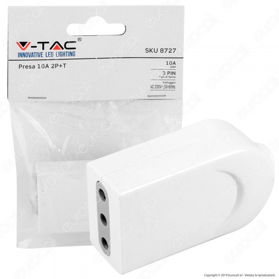 V-Tac Presa Singola 10A con Uscita Cavo Dritta Colore Bianco - SKU 8727 V-Tac Presa Singola 10A con Uscita Cavo Dritta Colore Bianco - SKU 8727