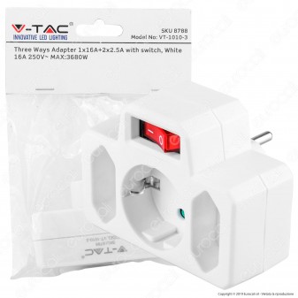V-Tac VT-1010 Multipresa Adattatore Triplo Colore Bianco con Interruttore Luminoso - SKU 8788