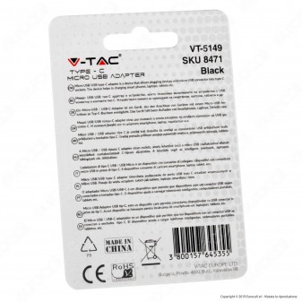 V-Tac VT-5149 Adattatore Singolo da Micro USB a Tipo C Colore Nero - SKU 8471
