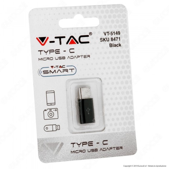 V-Tac VT-5149 Adattatore Singolo da Micro USB a Tipo C Colore Nero - SKU 8471 V-Tac VT-5149 Adattatore Singolo da Micro USB a Tipo C Colore Nero - SKU 8471