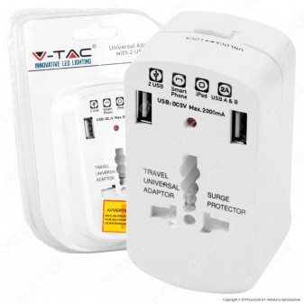 V-Tac Adattatore Singolo Universale con 2 Prese USB Colore Bianco - SKU 8704