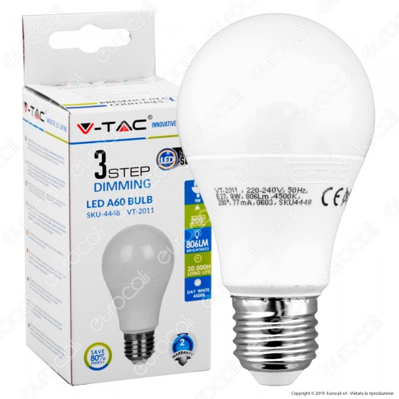 V-Tac VT-2011 Lampadina LED E27 9W Bulb A60 3 Step Dimmerabile - SKU V-Tac VT-2011 Lampadina LED E27 9W Bulb A60 3 Step Dimmerabile - SKU