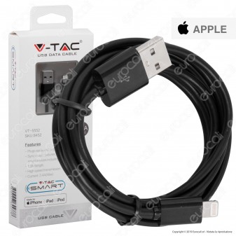 V-Tac VT-5552 USB Data Cable Lighting Certificato MFI Cavo Colore Nero 1,5m - SKU 8452