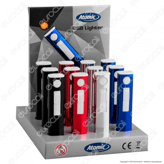Atomic Accendino USB Ricaricabile Antivento in Metallo Lucido - Box di 13 Accendini Atomic Accendino USB Ricaricabile Antivento in Metallo Lucido - Box di 13 Accendini