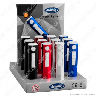 Atomic Accendino USB Ricaricabile Antivento in Metallo Lucido - Box di 13 Accendini
