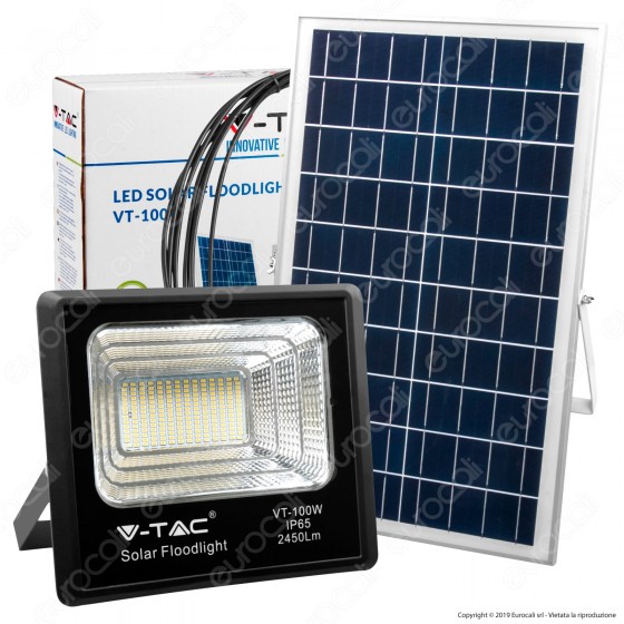 V-Tac VT-100W Faro LED 100W a Batteria con Pannello Solare e Telecomando - SKU 8576 / 94012 V-Tac VT-100W Faro LED 100W a Batteria con Pannello Solare e Telecomando - SKU 8576 / 94012
