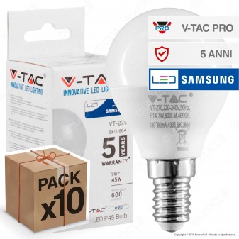10 Lampadine V-Tac PRO VT-270 Lampadina LED E14 7W MiniGlobo P45 Chip
