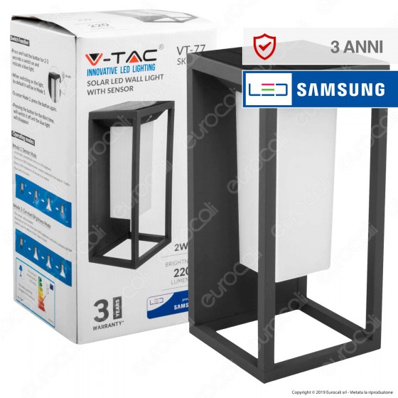 V-tac VT- 77 Lampada LED da Muro 2W con Pannello Solare e Chip Samsung - SKU 784 V-tac VT- 77 Lampada LED da Muro 2W con Pannello Solare e Chip Samsung - SKU 784