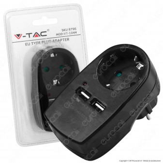 V-Tac VT-1044 Adattatore con 2 Porte USB con Spina e Pesa Schuko Colore Nero - SKU 8796