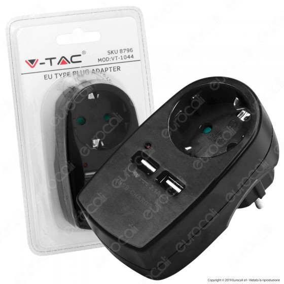 V-Tac VT-1044 Adattatore con 2 Porte USB con Spina e Pesa Schuko Colore Nero - SKU 8796 V-Tac VT-1044 Adattatore con 2 Porte USB con Spina e Pesa Schuko Colore Nero - SKU 8796