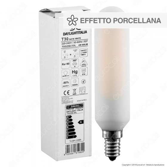 Daylight Lampadina E14 Tubolare T30 Filamento LED 4W Effetto Porcellana Dimmerabile CRI≥90 - mod. 700258.00L Daylight Lampadina E14 Tubolare T30 Filamento LED 4W Effetto Porcellana Dimmerabile CRI≥90 - mod. 700258.00L