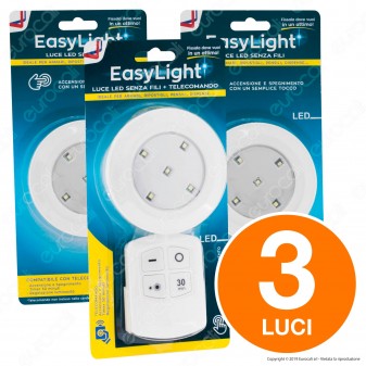 Kit 3 Intergross Easy Light Luce LED Senza Fili Colore Bianco con Telecomando