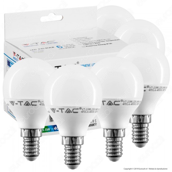 V-Tac VT-2266 Super Saver Pack Confezione 6 Lampadine LED E14 5,5W MniGlobo - SKU 2733 / 2734 / 2735