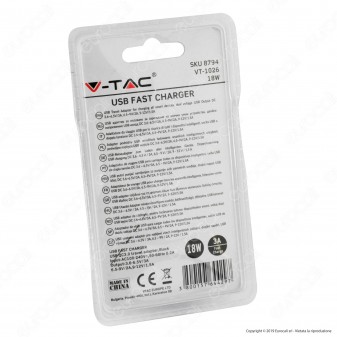 V-Tac VT-1026 Spina Caricabatteria USB Fast Charge Colore Nero - SKU 8794