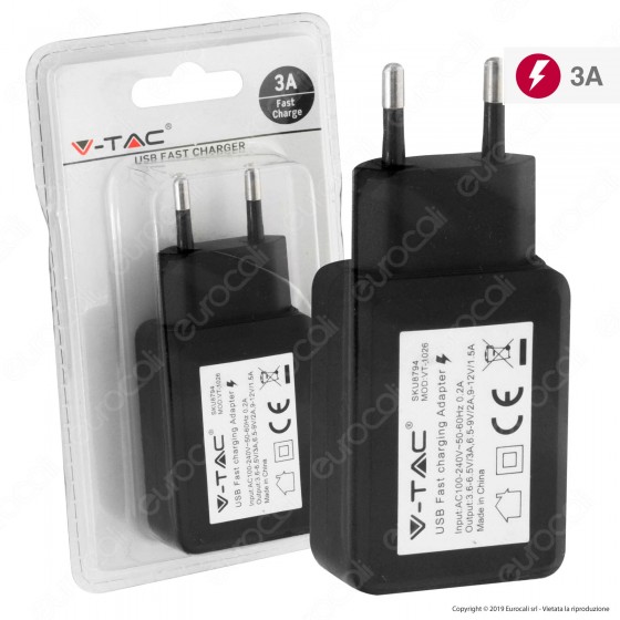 V-Tac VT-1026 Spina Caricabatteria USB Fast Charge Colore Nero - SKU 8794 V-Tac VT-1026 Spina Caricabatteria USB Fast Charge Colore Nero - SKU 8794