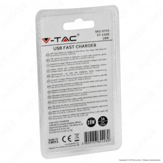 V-Tac VT-1026 Spina Caricabatteria USB Fast Charge Colore Bianco - SKU 8794