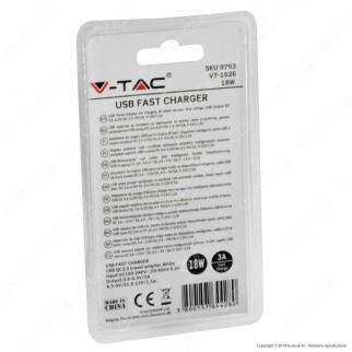 V-Tac VT-1026 Spina Caricabatteria USB Fast Charge Colore Bianco - SKU 8794
