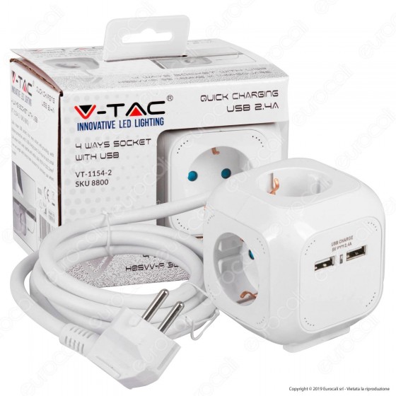 V-Tac Multipresa Salvaspazio 4 Posti e 2 Prese USB Colore Bianco - SKU 8800