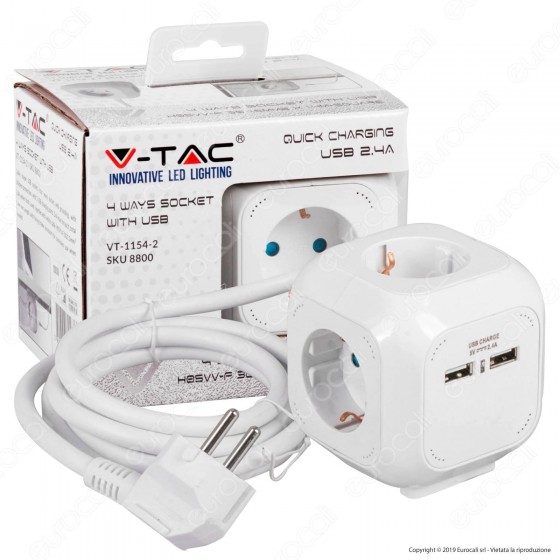 V-Tac Multipresa Salvaspazio 4 Posti e 2 Prese USB Colore Bianco - SKU 8800 V-Tac Multipresa Salvaspazio 4 Posti e 2 Prese USB Colore Bianco - SKU 8800