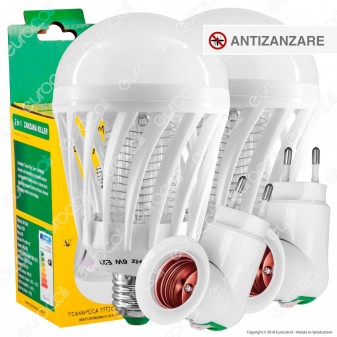 Kit 2 Lampadine LED E27 7W Zanzara Killer 2in1 + 2 Portalampada