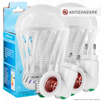 Kit 2 Lampadine LED E27 1W Zanzara Killer + 2 Portalampada Attacco E27
