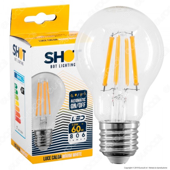 Bot Lighting Shot Lampadina LED E27 7W Bulb A60 Filamento con Sensore Crepuscolare - mod. WLDSENS08X2 Bot Lighting Shot Lampadina LED E27 7W Bulb A60 Filamento con Sensore Crepuscolare - mod. WLDSENS08X2