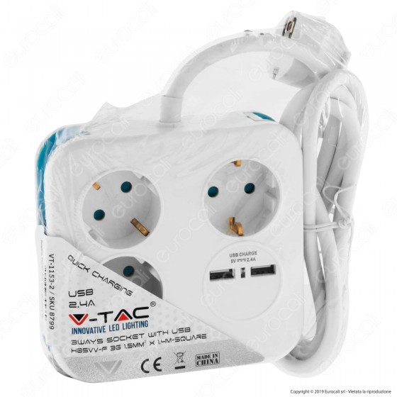 V-Tac Multipresa Salvaspazio 3 Posti e 2 Prese USB Colore Bianco - SKU 8799 V-Tac Multipresa Salvaspazio 3 Posti e 2 Prese USB Colore Bianco - SKU 8799