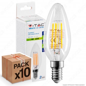 10 Lampadine LED V-Tac VT-1986 E14 4W Candela Filamento - Pack