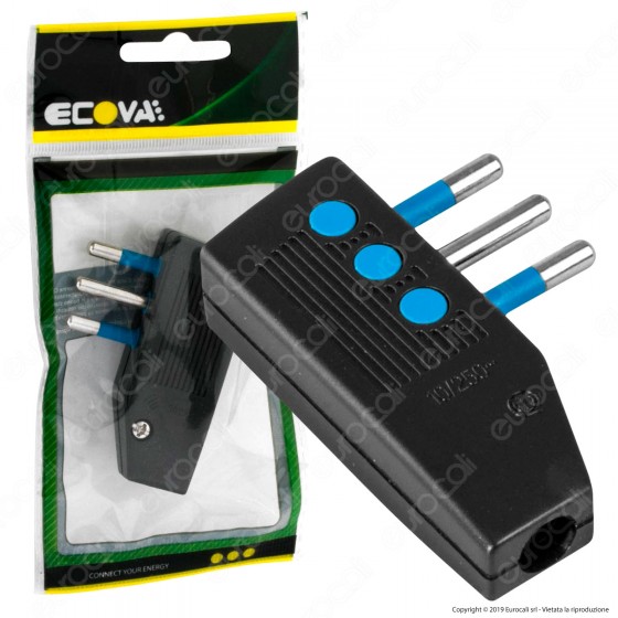 Ecova Spina Singola 10A Salvaspazio Reversibile con Uscita Cavo a 90° Colore Nero - Mod. 30028 Ecova Spina Singola 10A Salvaspazio Reversibile con Uscita Cavo a 90° Colore Nero - Mod. 30028