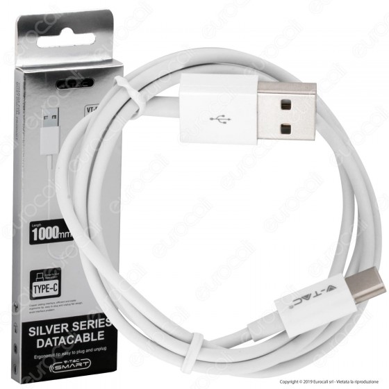 V-Tac VT-5322 Silver Series USB Data Cable Type-C Cavo Colore Bianco 1m - SKU 8486