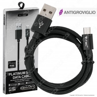 V-Tac VT-5331 Platinum Series USB Data Cable Micro USB Cavo in Corda Colore Nero 1m - SKU 8488