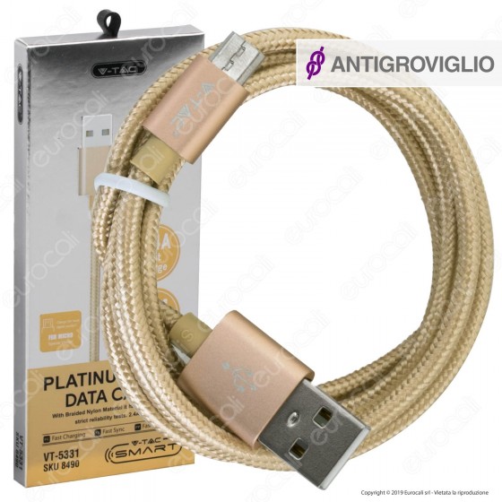 V-Tac VT-5331 Platinum Series USB Data Cable Micro USB Cavo in Corda Colore Oro 1m - SKU 8490 V-Tac VT-5331 Platinum Series USB Data Cable Micro USB Cavo in Corda Colore Oro 1m - SKU 8490