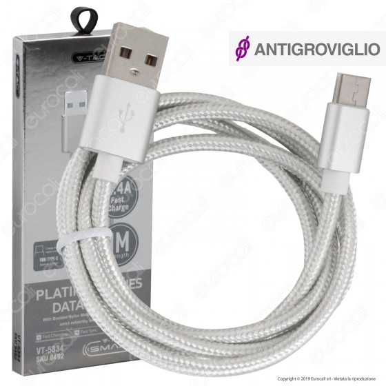 V-Tac VT-5334 Platinum Series USB Data Cable Type-C Cavo in Corda Colore Argento 1m - SKU 8492 V-Tac VT-5334 Platinum Series USB Data Cable Type-C Cavo in Corda Colore Argento 1m - SKU 8492