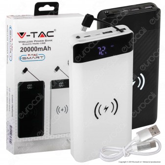 V-Tac VT-3508 Power Bank con Ricarica Wireless 20000 mAh 2 Uscite USB 2,1A - SKU 8859 / 8860