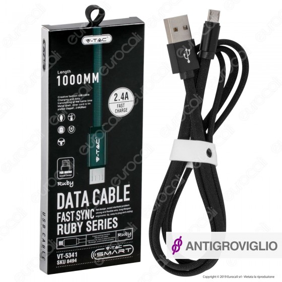 V-Tac VT-5341 Ruby Series USB Data Cable Micro USB Cavo in Corda Colore Nero 1m - SKU 8494 V-Tac VT-5341 Ruby Series USB Data Cable Micro USB Cavo in Corda Colore Nero 1m - SKU 8494