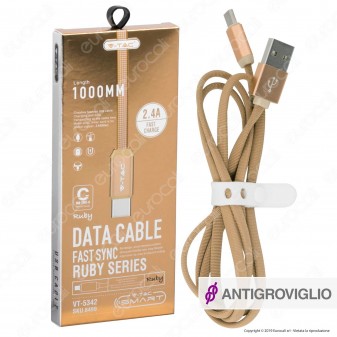 V-Tac VT-5342 Ruby Series USB Data Cable Type-C Cavo in Corda Colore Oro 1m - SKU 8499